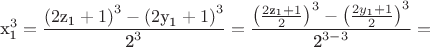 $$\[{\text{x}}_{\text{1}}^3  = \frac{{\left( {2{\text{z}}_{\text{1}}  + 1} \right)^3  - \left( {2{\text{y}}_{\text{1}}  + 1} \right)^3 }}{{{\text{2}}^3 }} = \frac{{\left( {\frac{{2{\text{z}}_{\text{1}}  + 1}}
{2}} \right)^3  - \left( {\frac{{2y_{\text{1}}  + 1}}
{2}} \right)^3 }}{{{\text{2}}^{3 - 3} }} = \]$$
