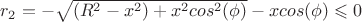 $r_2=-\sqrt{(R^2-x^2)+x^2cos^2(\phi)}-xcos(\phi)\leqslant0$ $r_2=-\sqrt{(R^2-x^2)+x^2cos^2(\phi)}-xcos(\phi)\leqslant0$
