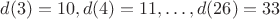 $d(3)=10, d(4)=11, \ldots , d(26)=33$