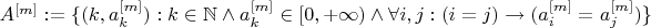 $A^{[m]} := \{(k,a_k^{[m]}) : k \in \mathbb{N} \wedge  a_k^{[m]} \in [0,+\infty) \wedge \forall i,j : (i = j) \to (a_i^{[m]} = a_j^{[m]})\}$