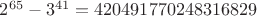 $2^{65}-3^{41}=420491770248316829$