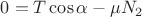$0 = T\cos{\alpha} - \mu N_2$