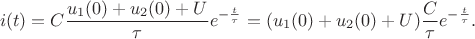 $$i(t)=C\frac{u_1(0)+u_2(0)+U}{\tau}e^{-\frac{t}{\tau}}=(u_1(0)+u_2(0)+U)\frac{C}{\tau}e^{-\frac{t}{\tau}}.$$