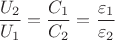 $\dfrac{U_2}{U_1}=\dfrac{C_1}{C_2}=\dfrac{\varepsilon_1}{\varepsilon_2}$
