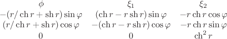 $$\[
\begin{array}{ccc}
   \phi  & {\xi _1 } & {\xi _2 }  \\
   { - (r/\operatorname{ch} r + \operatorname{sh} r)\sin \varphi } & {(\operatorname{ch} r - r\operatorname{sh} r)\sin \varphi } & { - r\operatorname{ch} r\cos \varphi }  \\
   {(r/\operatorname{ch} r + \operatorname{sh} r)\cos \varphi } & { - (\operatorname{ch} r - r\operatorname{sh} r)\cos \varphi } & { - r\operatorname{ch} r\sin \varphi }  \\
   0 & 0 & {\operatorname{ch} ^2 r}  \\

 \end{array} 
\]
$$