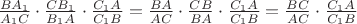 $\frac{BA_1}{A_1C}\cdot\frac{CB_1}{B_1A}\cdot\frac{C_1A}{C_1B}=\frac{BA}{AC}\cdot\frac{CB}{BA}\cdot\frac{C_1A}{C_1B}=\frac{BC}{AC}\cdot\frac{C_1A}{C_1B}$