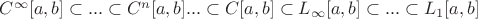 $C^{\infty}[a,b]\subset...\subset C^n[a,b]...\subset C[a,b]\subset  L_{\infty}[a,b]\subset...\subset L_1[a,b]$