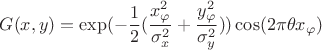 $\displaystyle G(x, y)=\exp(-\frac{1}{2}(\frac{x_\varphi^2}{\sigma_x^2}+\frac{y_\varphi^2}{\sigma_y^2}))\cos(2\pi\theta x_\varphi)$