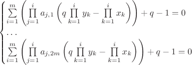 $
\begin{cases}
\sum\limits_{i=1}^m\left(\prod\limits_{j=1}^ia_{j,1}\left(q\prod\limits_{k=1}^iy_k-\prod\limits_{k=1}^ix_k\right)\right)+q-1=0\\
\ldots\\
\sum\limits_{i=1}^m\left(\prod\limits_{j=1}^ia_{j,2m}\left(q\prod\limits_{k=1}^iy_k-\prod\limits_{k=1}^ix_k\right)\right)+q-1=0
\end{cases}
$