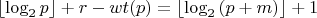 $$\left\lfloor\log_2{p}\right\rfloor+r - wt(p) = \left\lfloor\log_2{(p+m)}\right\rfloor+1$$