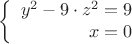 $$\left\{
\begin{array}{rcl}
 y^2-9\cdot z^2=9 \\
 x=0 \\
\end{array}
\right.$$