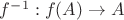 $f^{-1}: f(A) \to A$