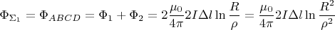 \[
\Phi _{\Sigma _1 }  = \Phi _{ABCD}  = \Phi _1  + \Phi _2  = 2\frac{{\mu _0 }}{{4\pi }}2I\Delta l\ln \frac{R}{\rho } = \frac{{\mu _0 }}{{4\pi }}2I\Delta l\ln \frac{{R^2 }}{{\rho ^2 }}
\]