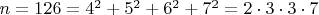 $n=126=4^2+5^2+6^2+7^2=2\cdot3\cdot3\cdot7$