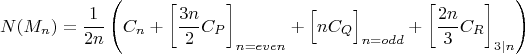 $$
N(M_n)=\frac{1}{2n } \left( C_n + \left[ \frac{3n}{2 }C_{P}\right]_{n=even} + 
\Bigl[ n C_{Q}\Bigr]_{n=odd} + \left[ \frac{2n}{3 }C_{R}\right]_{3 \mid n} \right)
$$