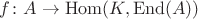 $f\colon A\to\operatorname{Hom}(K,\operatorname{End}(A))$