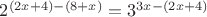 $2^{(2x+4)-(8+x)}=3^{3x-(2x+4)}$