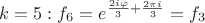 $k=5: f_6=e^{\frac{2i \varphi}{3}+\frac{2 \pi i}{3}}=f_3$