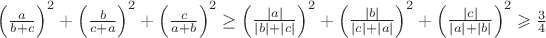 $\left(\frac{a}{b+c}\right)^2+\left(\frac{b}{c+a}\right)^2+\left(\frac{c}{a+b}\right)^2\ge \left(\frac{|a|}{|b|+|c|}\right)^2+\left(\frac{|b|}{|c|+|a|}\right)^2+\left(\frac{|c|}{|a|+|b|}\right)^2\geqslant\frac34