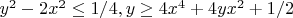 $y^2-2x^2\le 1/4, y\ge 4x^4+4yx^2+1/2$