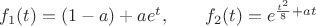 $f_1(t) = (1-a)+a e^t , \qquad f_2(t)=e^{\frac{t^2}{8}+at}\qquad $