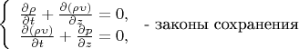 $
\left\{ \begin{array}{l} 
\frac {\partial \rho} {\partial t} + \frac {\partial (\rho\upsilon)} {\partial z} = 0,\\ 
\frac {\partial (\rho\upsilon)} {\partial t} + \frac {\partial p} {\partial z} = 0, 
\end{array} \right$ - законы сохранения $