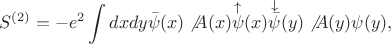 $$S^{(2)}=-e^2\int dxdy \intdxdy\bar{\psi}(x)\not{A}(x)\overset{\uparrow}{\psi}(x)\overset{\downarrow}{\bar{\psi}}(y)\not{A}(y)\psi(y),$$