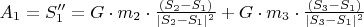 $A_1 = S_1'' =  G  \cdot m_2 \cdot \frac{( S_2 - S_1 )}{| S_2 - S_1 | ^2} + G  \cdot m_3 \cdot \frac{( S_3 - S_1 )}{| S_3 - S_1 | ^2} $