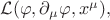 $\mathcal{L}(\varphi,\partial_\mu\varphi,x^\mu),$