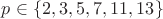 $p\in \{2, 3, 5, 7, 11, 13\}$