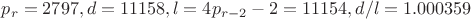 $p_r=2797, d=11158, l=4p_{r-2}-2=11154, d/l=1.000359$