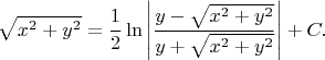 $$
\sqrt{x^2 + y^2}  
= 
\frac{1}{2}
\ln 
 \left| 
  \frac
   {y - \sqrt {x^2 + y^2}}
   {y + \sqrt {x^2 + y^2}}
 \right| 
+ 
C
.
$$