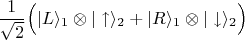 $$\frac{1}{\sqrt{2}}\Bigl(|L\rangle_1\otimes|\uparrow\rangle_2+|R\rangle_1\otimes|\downarrow\rangle_2\Bigr)$$