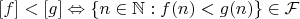 $[f] < [g] \Leftrightarrow \{ n \in \mathbb{N} : f(n) < g(n) \} \in \mathcal{F}$