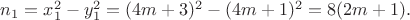 $n_1=x_1^2-y_1^2=(4m+3)^2-(4m+1)^2=8(2m+1).$