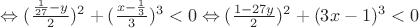 $\Leftrightarrow (\frac{\frac{1}{27} - y}{2})^2+(\frac{x - \frac{1}{3}}{3})^3 < 0 \Leftrightarrow (\frac{1 - 27y}{2})^2+(3x -1)^3 < 0$
