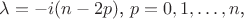 $\lambda = -i(n-2p)$, $p=0,1, \dots, n$,