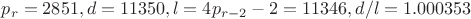 $p_r=2851, d=11350, l=4p_{r-2}-2=11346, d/l=1.000353$