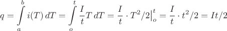 $$q=\int\limits_a^b i(T)\,dT=\int\limits_o^t \dfrac It T \,dT=\dfrac It\cdot T^2/2\big|\limits_o^t=\dfrac It \cdot t^2/2=It/2$