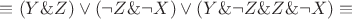 $\[ \equiv (Y\& Z) \vee (\neg Z\& \neg X) \vee (Y\& \neg Z\& Z\& \neg X) \equiv \]$