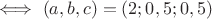 $\iff (a,b,c)=(2;0,5;0,5)$