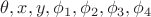 $\theta,x,y,\phi_1,\phi_2,\phi_3,\phi_4$