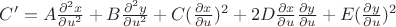 $C' = A \frac {\partial^2 x}{\partial u^2} + B \frac {\partial^2 y}{\partial u^2} + C (\frac {\partial x}{\partial u})^2 + 2D \frac {\partial x}{\partial u} \frac {\partial y}{\partial u} + E (\frac {\partial y}{\partial u})^2$