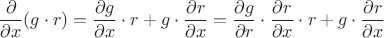 $$\frac{\partial}{\partial x}(g\cdot r)=\frac{\partial g}{\partial x}\cdot r+g\cdot\frac{\partial r}{\partial x}=\frac{\partial g}{\partial r}\cdot\frac{\partial r}{\partial x}\cdot r+g\cdot\frac{\partial r}{\partial x}$$